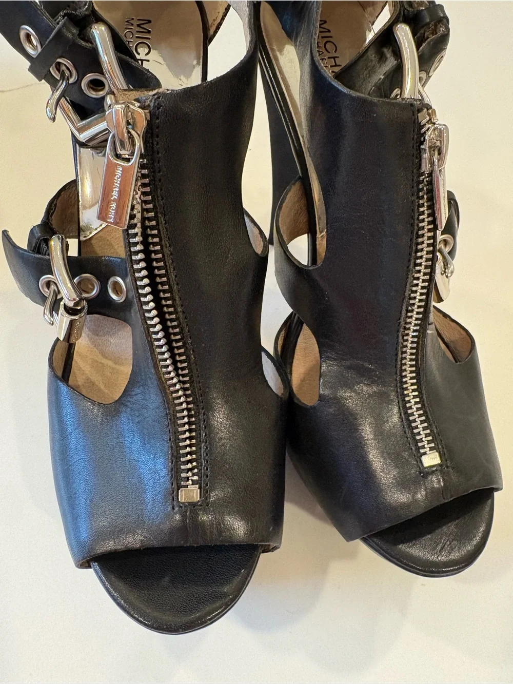 MICHAEL Michael Kors Black Leather Platform Heels Size 10 Buckle Zip